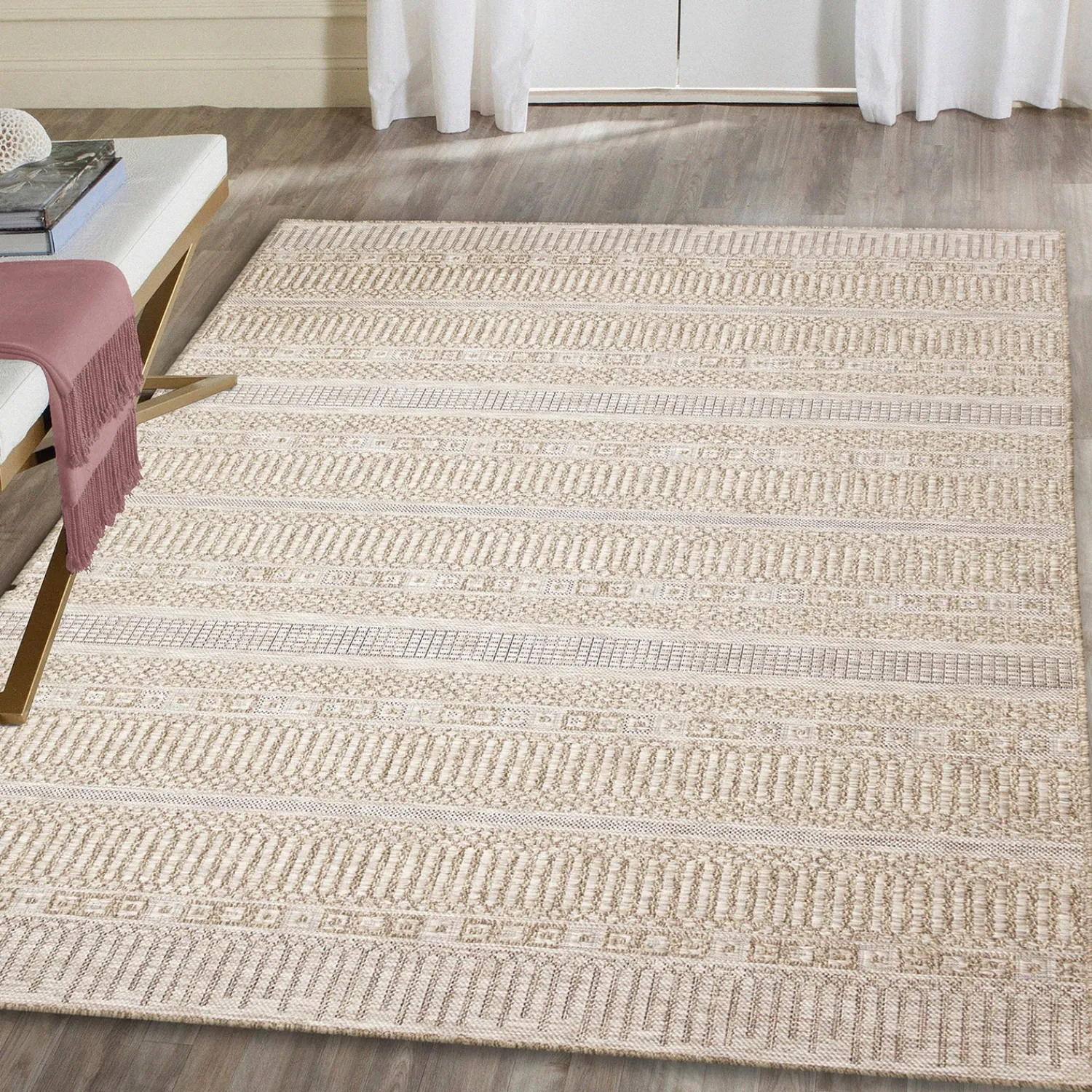 Plow & Hearth Area Rugs>Indoor/Outdoor Beachcomber Striped Rug, 5'3" x 7'3" Natural