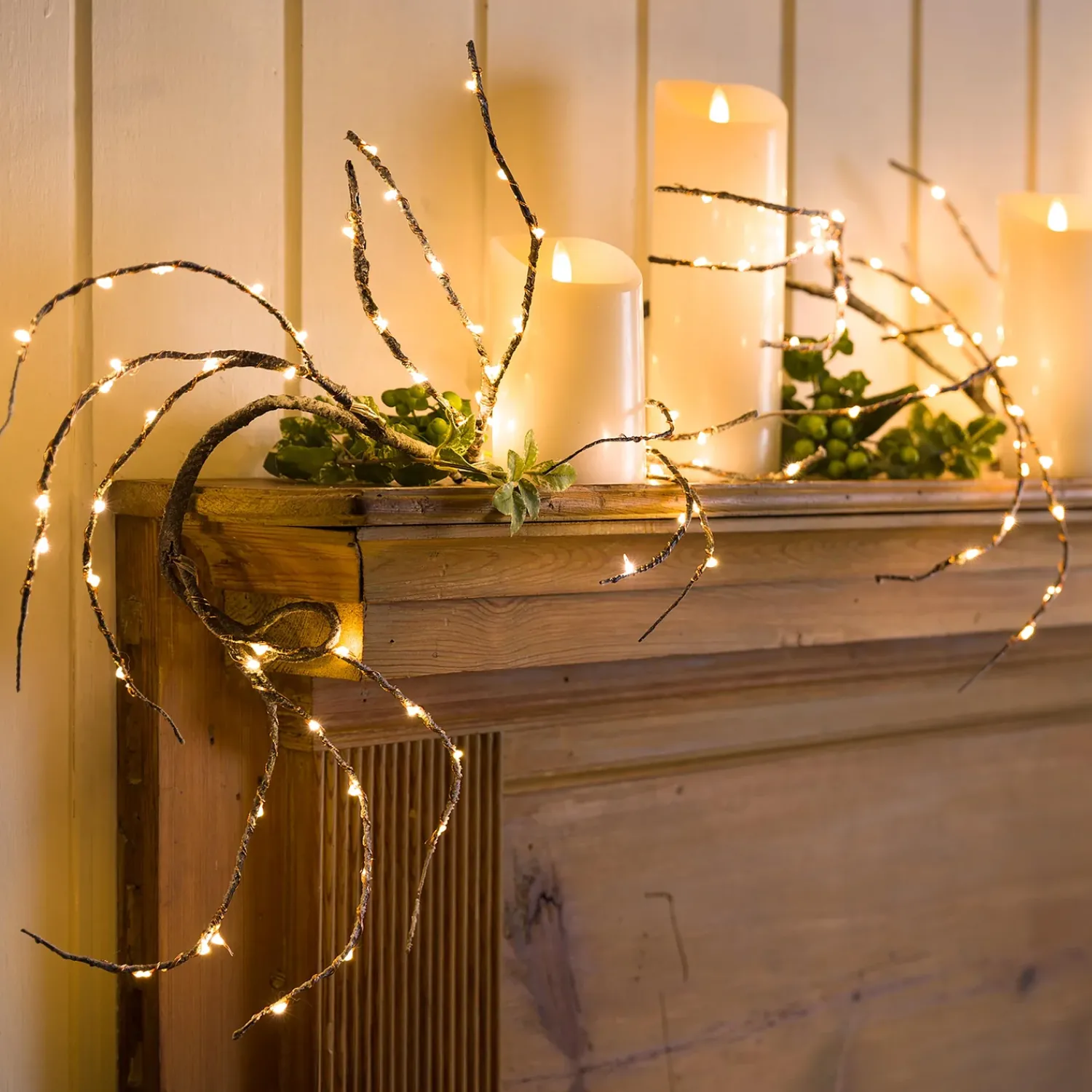 Plow & Hearth Faux Flowers & Plants|Lighted Trees & Garlands>Indoor/Outdoor Birch Garland with 165 Micro LED Lights, 5'L Brown
