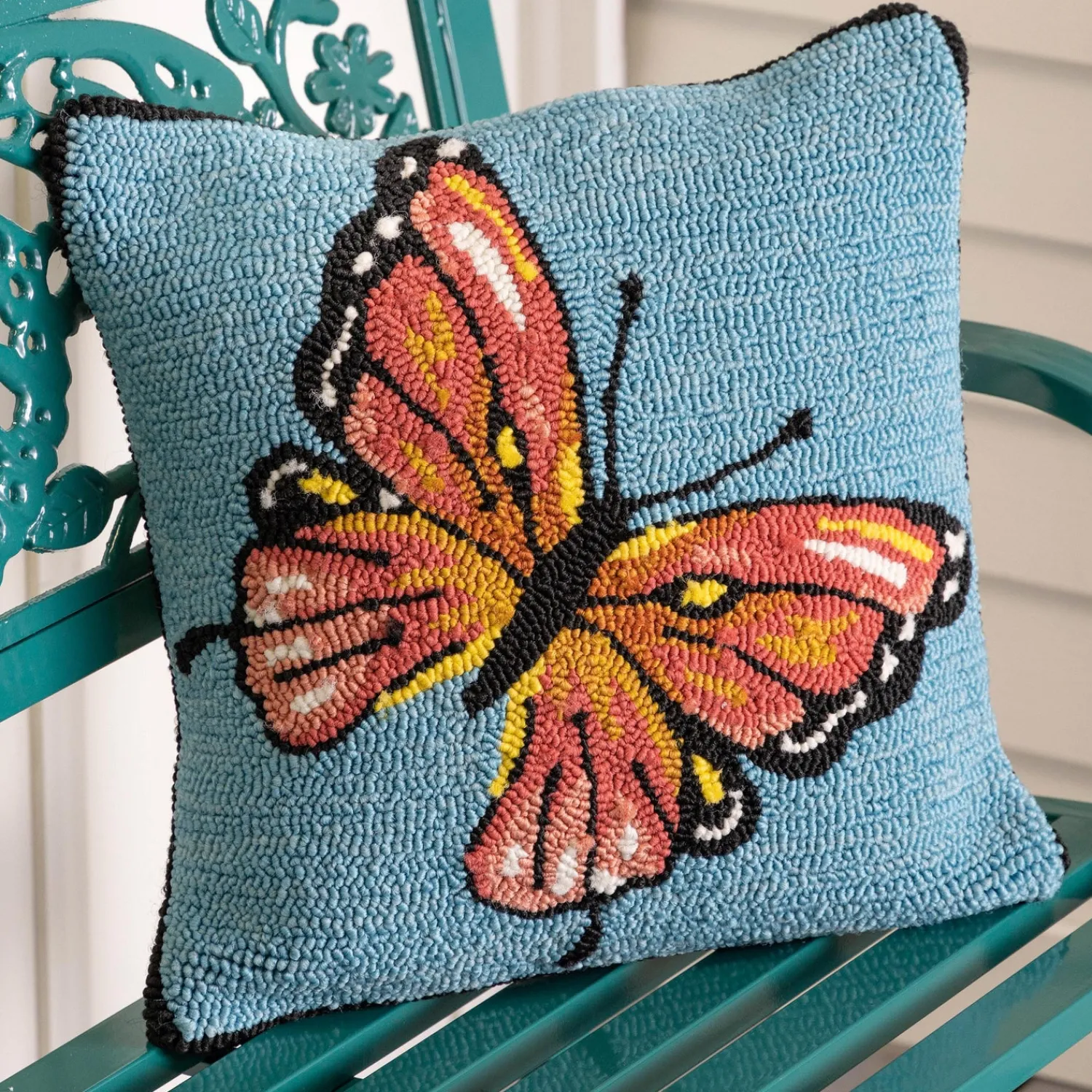 Plow & Hearth Decorative Pillows>Indoor/Outdoor Blue Butterfly Hand Hooked Polypropylene Throw Pillow