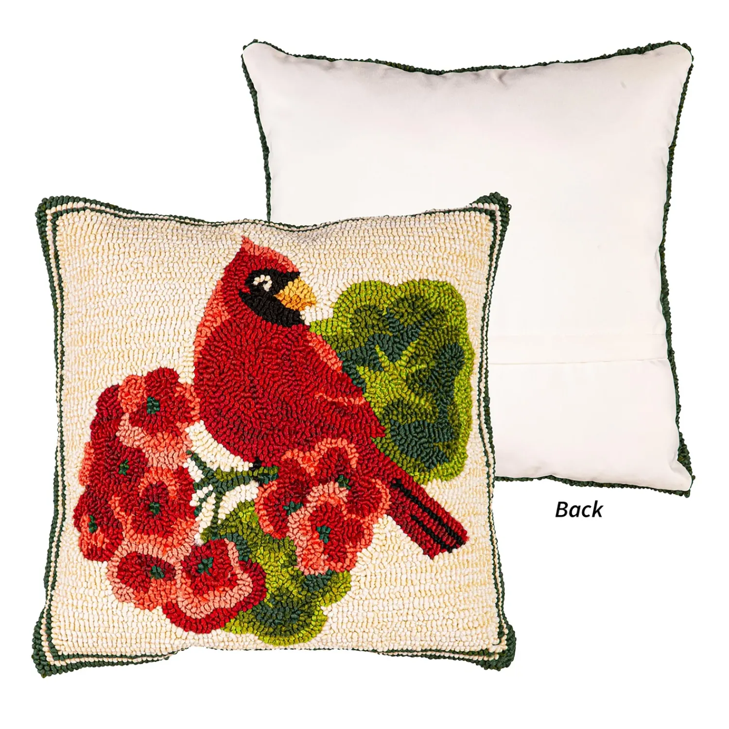 Plow & Hearth Outdoor Throw Pillows|Decorative Pillows>Indoor/Outdoor Cardinal/Geranium Hooked Polypropylene Throw Pillow 18"x18"