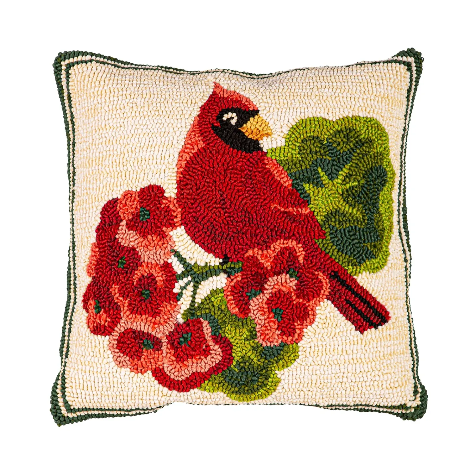 Plow & Hearth Outdoor Throw Pillows|Decorative Pillows>Indoor/Outdoor Cardinal/Geranium Hooked Polypropylene Throw Pillow 18"x18"