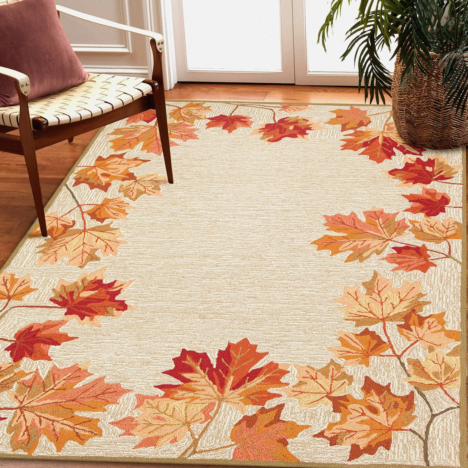 Plow & Hearth Area Rugs>Indoor/Outdoor Falling Leaves Border Rug, 3'6" x 5'6"