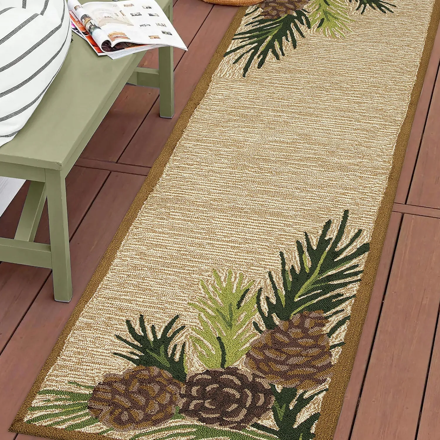 Plow & Hearth Runners>Indoor/Outdoor Forest Lake Border Rug, 2' x 8' Runner Natural
