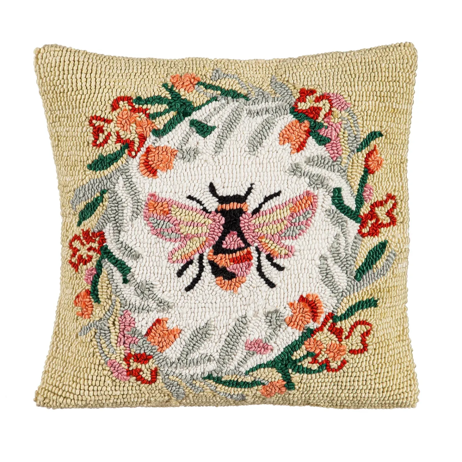 Plow & Hearth Outdoor Throw Pillows|Decorative Pillows>Indoor/Outdoor Hooked Pillow 18"x18" Bee