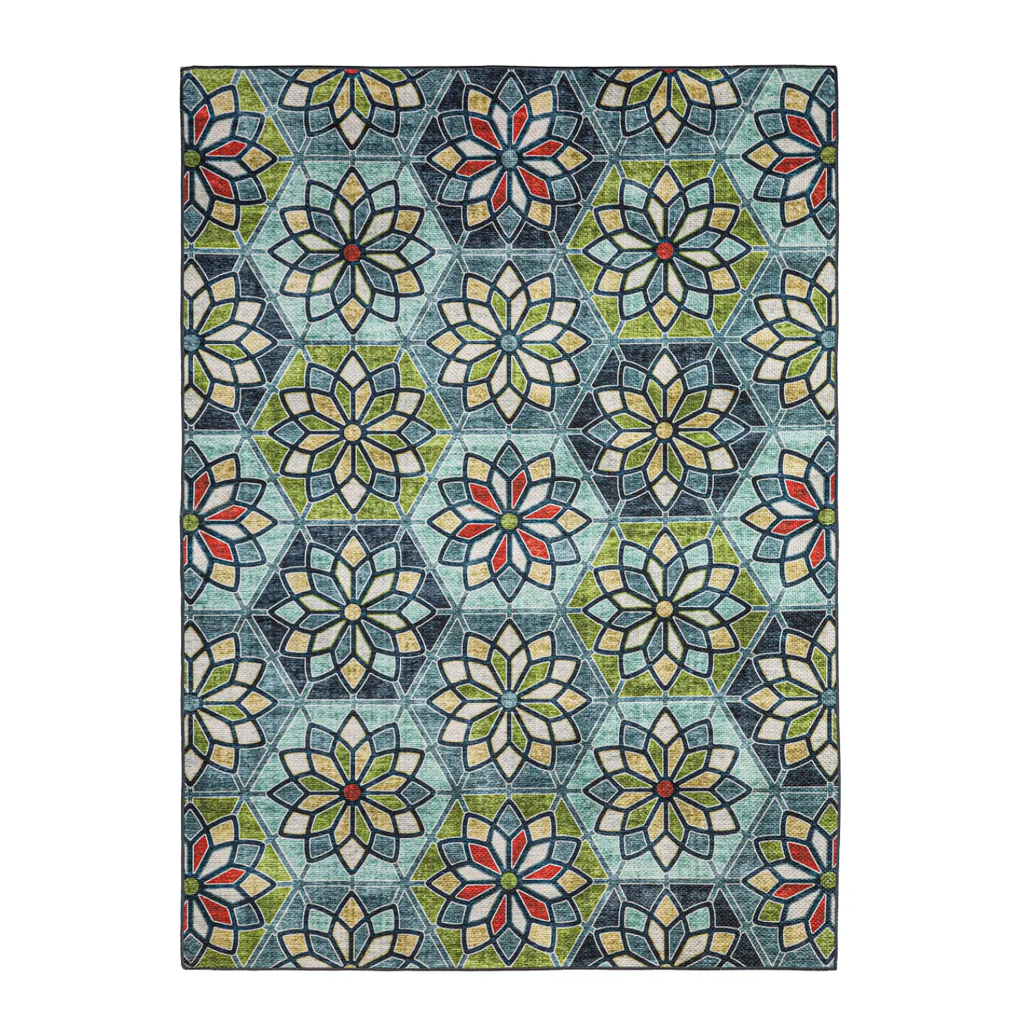 Plow & Hearth Area Rugs|Washable Mats>Indoor/Outdoor Machine Washable Green Kaleidoscope Printed Rug, 5' x 7'