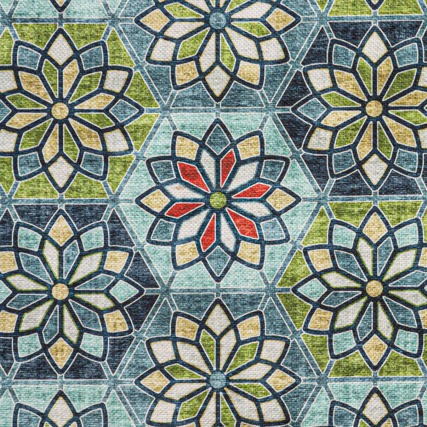 Plow & Hearth Area Rugs|Washable Mats>Indoor/Outdoor Machine Washable Green Kaleidoscope Printed Rug, 5' x 7'