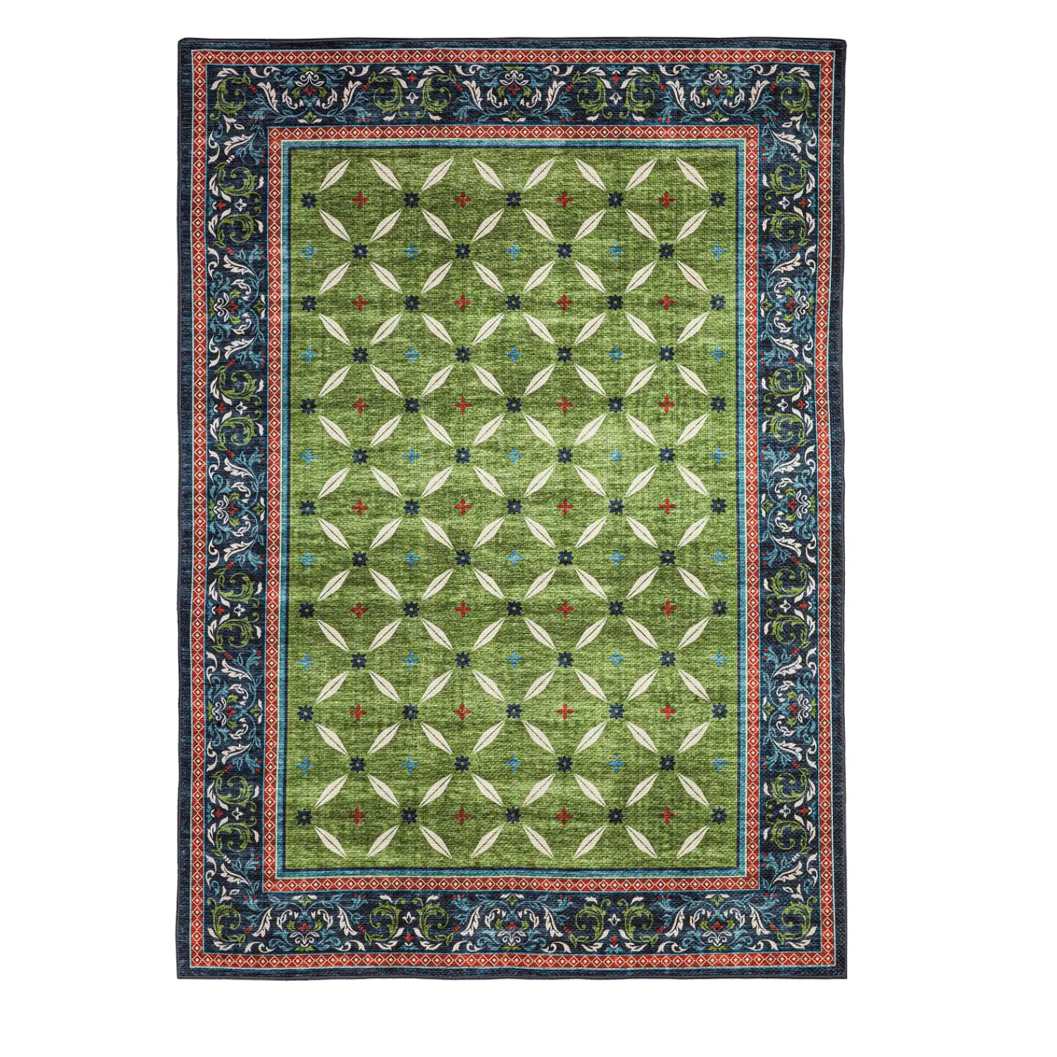Plow & Hearth Area Rugs|Washable Mats>Indoor/Outdoor Machine Washable Green Border Printed Rug, 5' x 7'