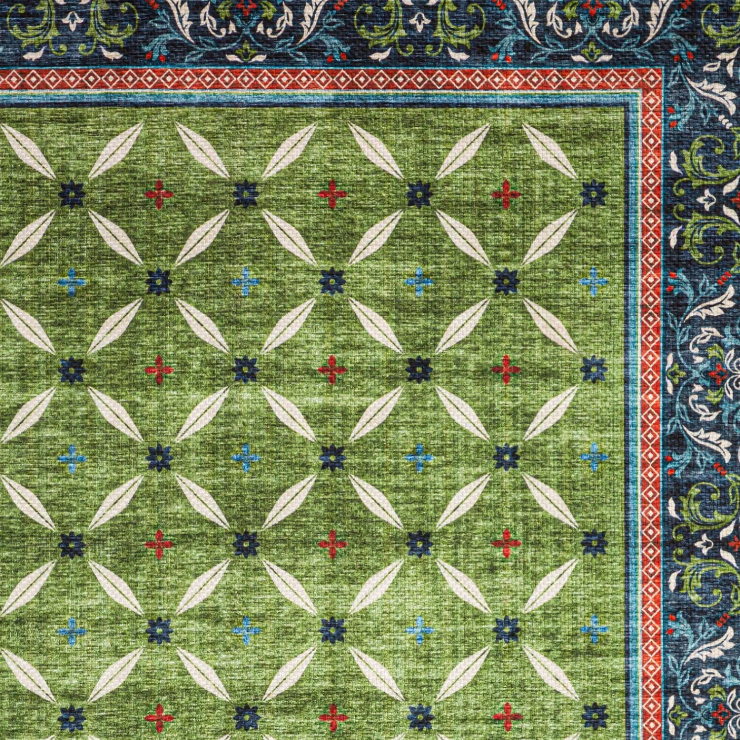 Plow & Hearth Area Rugs|Washable Mats>Indoor/Outdoor Machine Washable Green Border Printed Rug, 5' x 7'