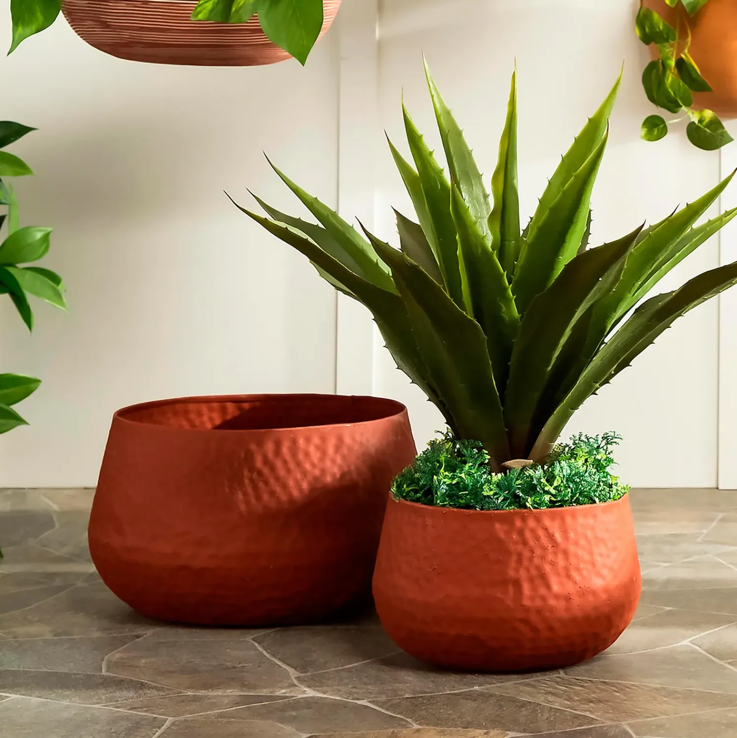 Plow & Hearth Planters & Plant Stands|Planters & Vases>Indoor/Outdoor Nested Metal Planters with Terra Cotta Finish, Set of 2