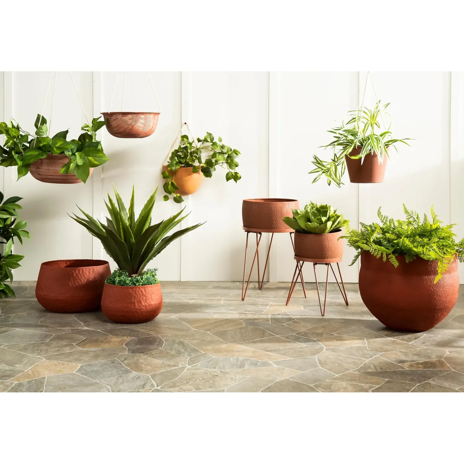 Plow & Hearth Planters & Plant Stands|Planters & Vases>Indoor/Outdoor Nested Metal Planters with Terra Cotta Finish, Set of 2