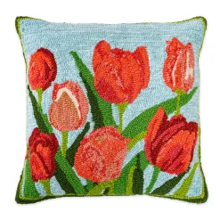Plow & Hearth Outdoor Throw Pillows|Decorative Pillows>Indoor/Outdoor Pink Tulips Hooked Polypropylene Throw Pillow