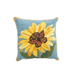 Plow & Hearth Decorative Pillows>Indoor/Outdoor Sunflower and Butterfly Hooked Polypropylene Throw Pillow
