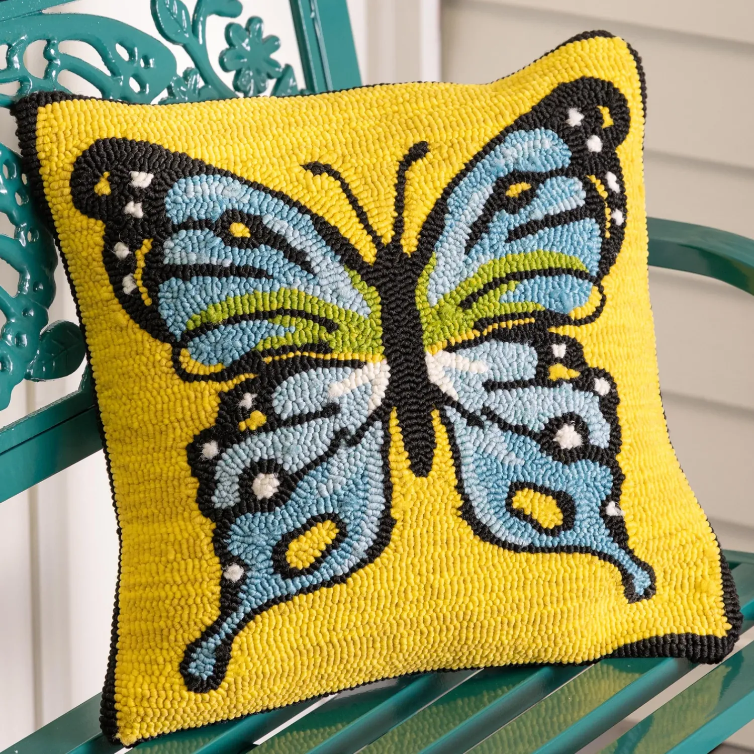 Plow & Hearth Decorative Pillows>Indoor/Outdoor Yellow Butterfly Hand Hooked Polypropylene Throw Pillow