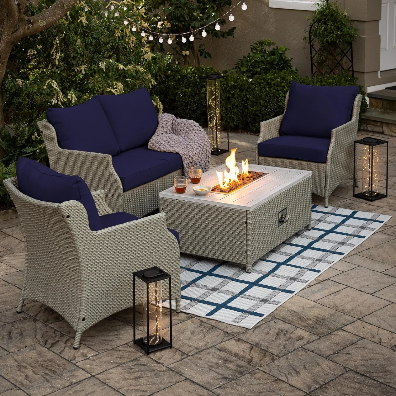 Plow & Hearth Area Rugs>Indoor/Outdoor York Windowpane Polypropylene Rug, 5'3" x 7'3" Blue/Green