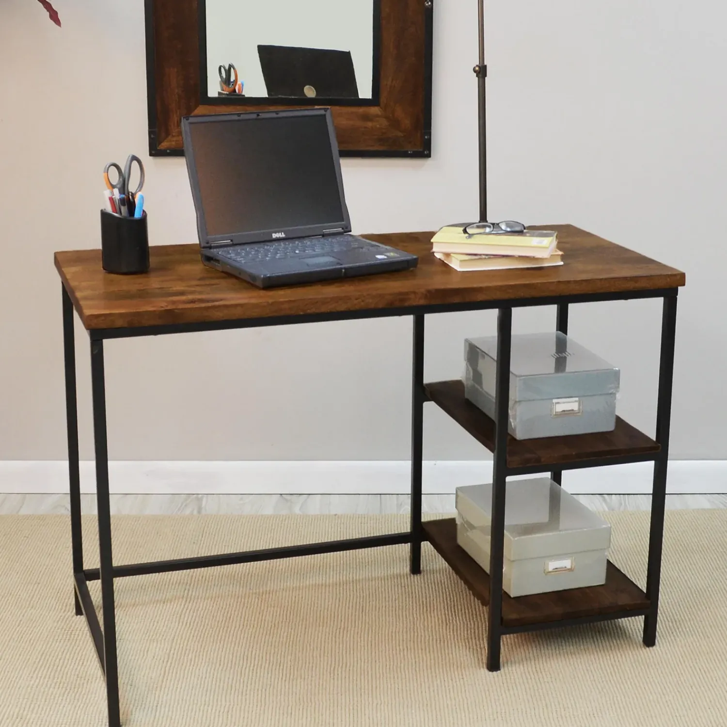 Plow & Hearth Desks & Console Tables>Industrial-Style Wood and Metal Desk with Shelves