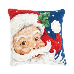 Plow & Hearth Outdoor Throw Pillows|Decorative Pillows>Jolly Santa Hand-Hooked Wool Throw Pillow