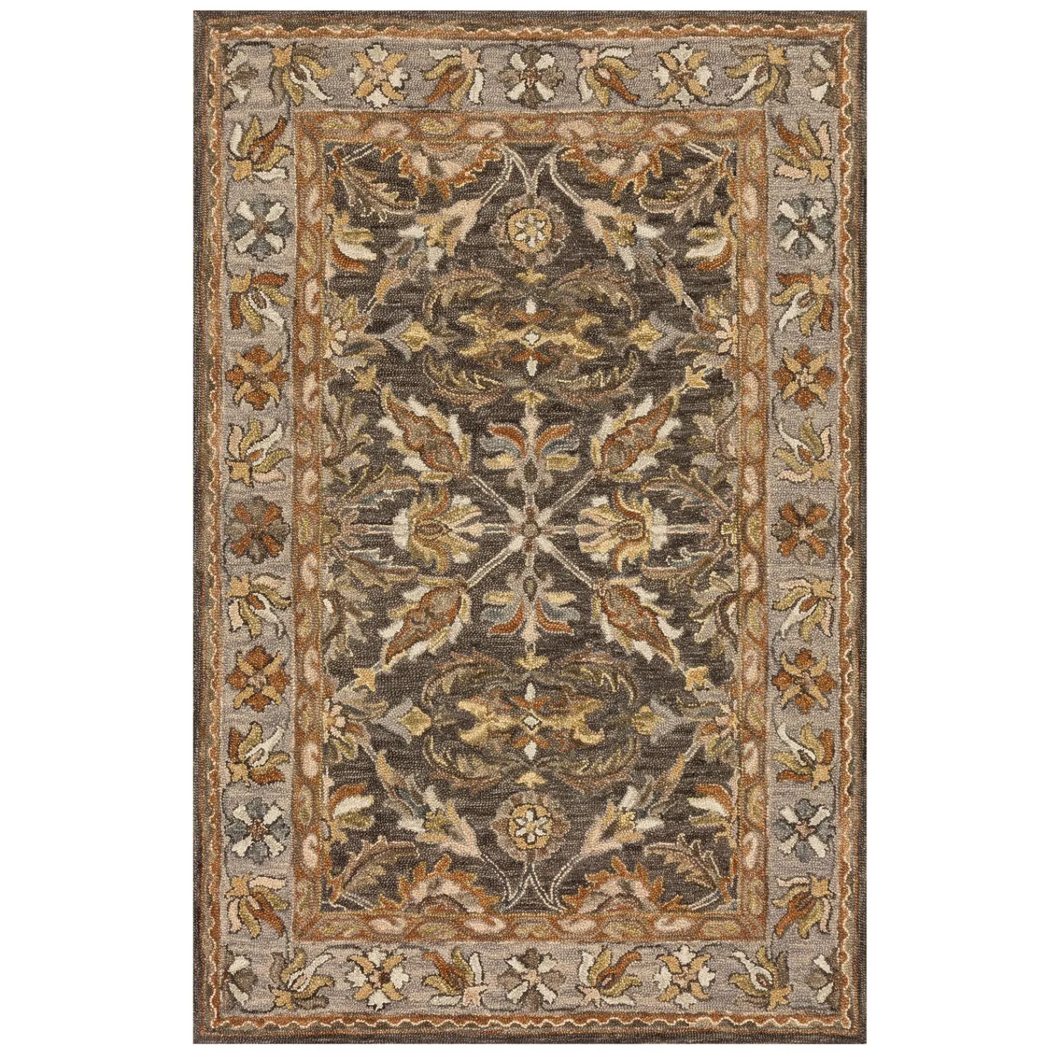 Plow & Hearth Area Rugs|Hearth Rugs>Kensington Border Wool Rug, 5' x 7'6" DarkTaupe
