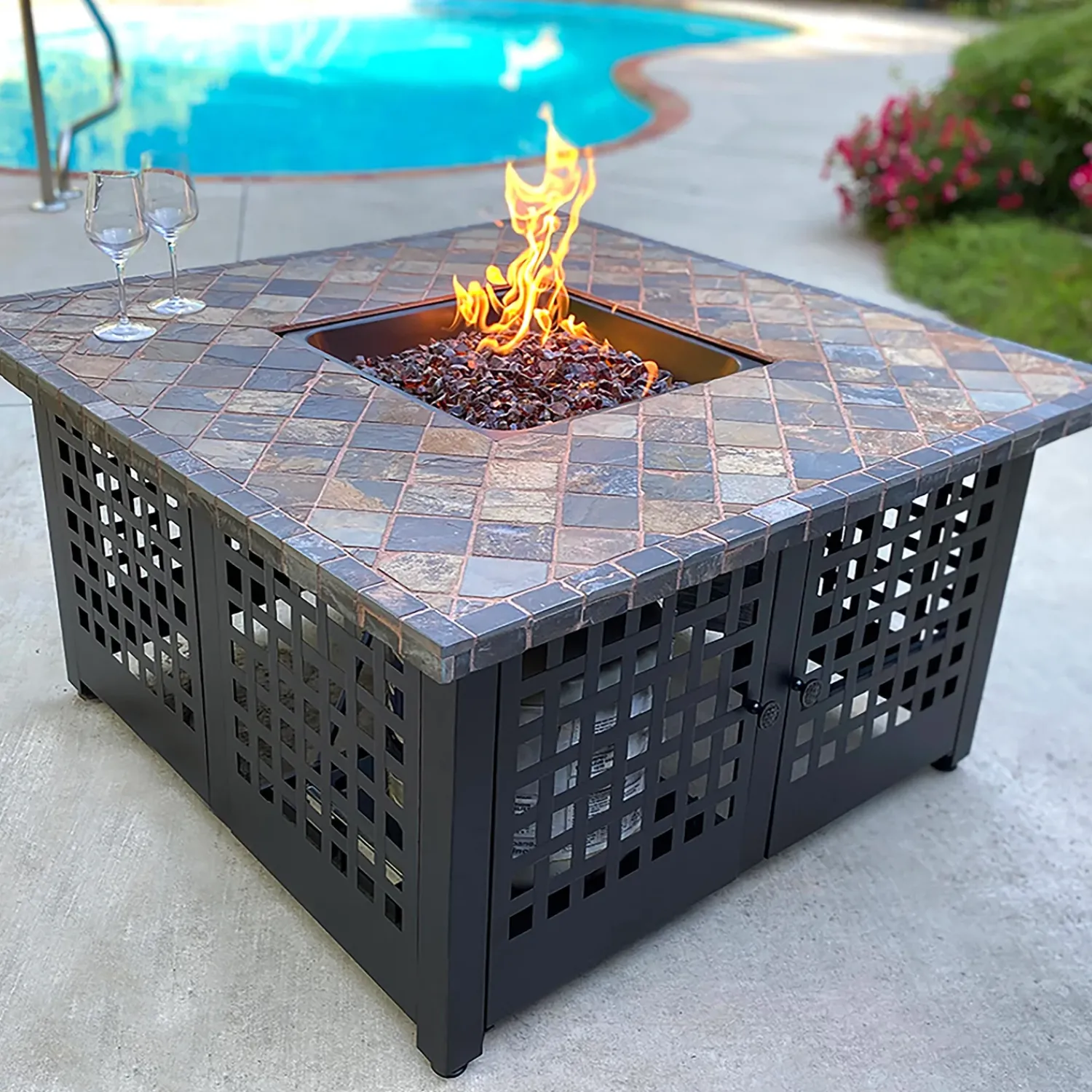 Plow & Hearth Fire Pits|Fire Pits>Kingsbury Outdoor LP Gas Fire Pit with Slate and Marble Tile Mantel, 42"