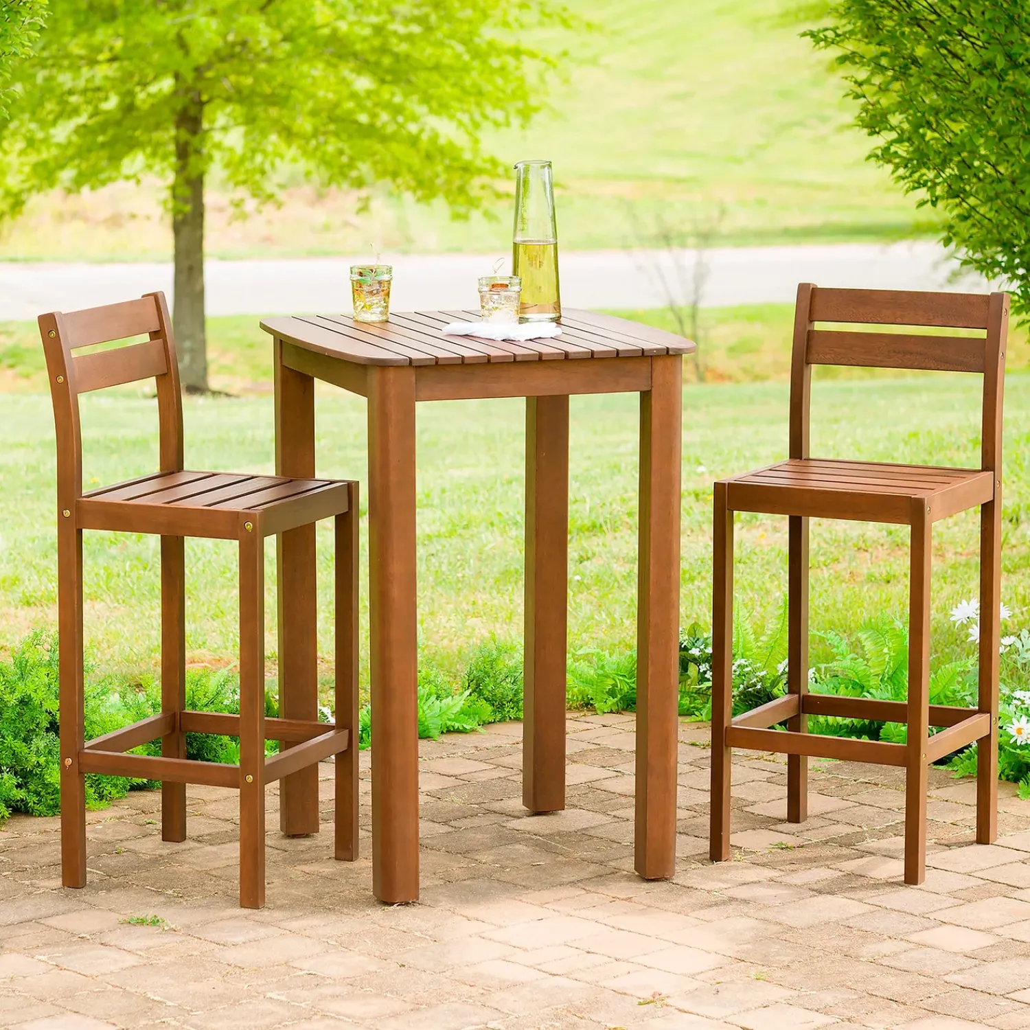 Plow & Hearth Outdoor Dining Sets>Lancaster Eucalyptus Outdoor Bar Set with Table and 2 Bar Stools, 3-Piece Set Natural