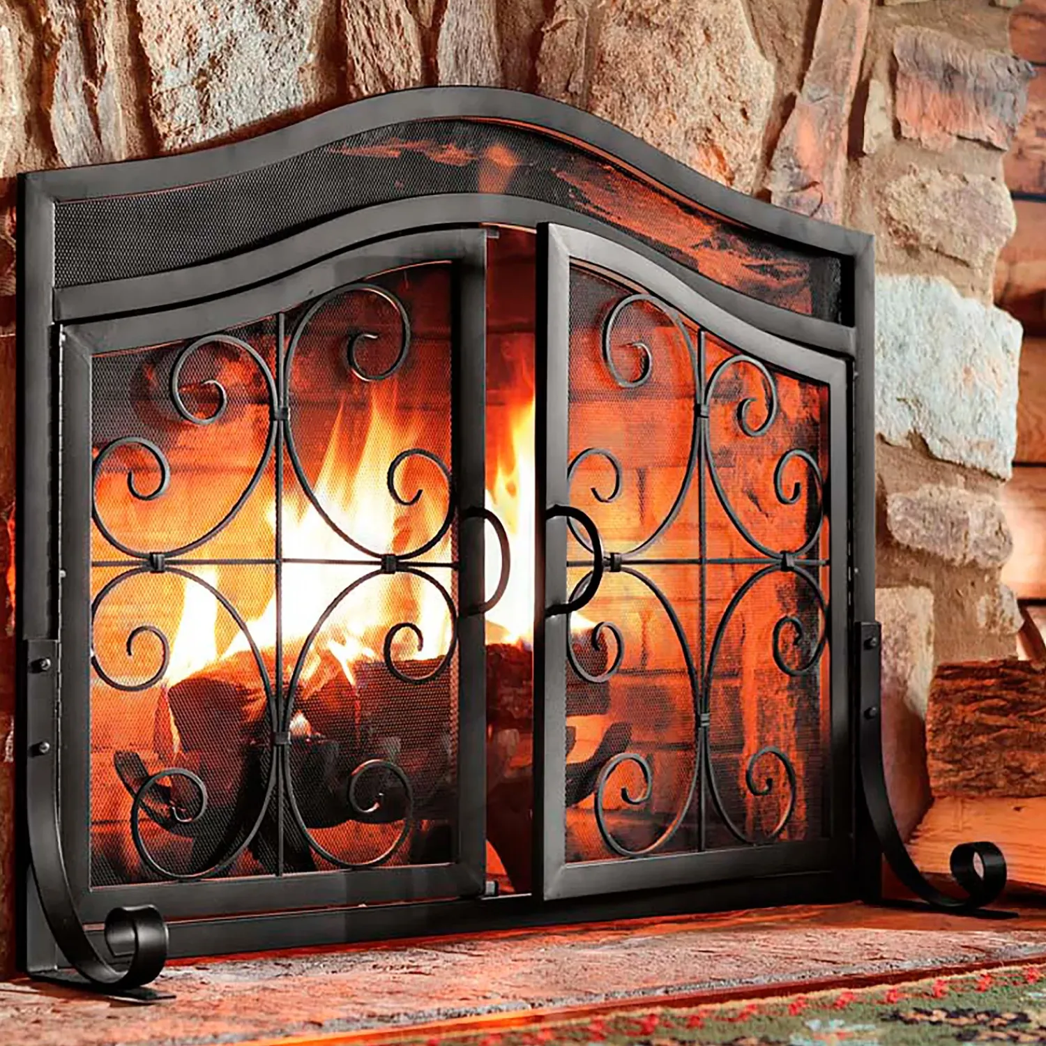 Plow & Hearth Fireplace Screens With Doors>Large Crest Fireplace Screen With Doors Black