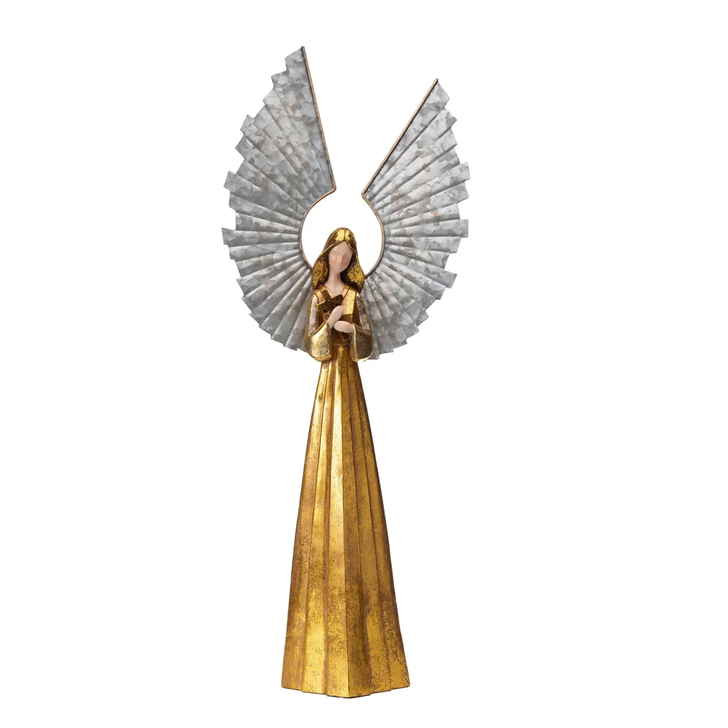 Plow & Hearth Decorative Accents>Large Golden Angel with Raised Metal Wings and Praying Hands