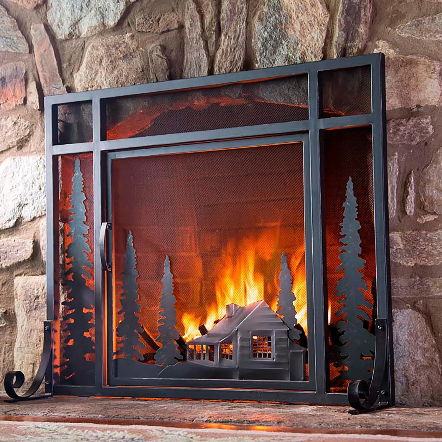 Plow & Hearth Fireplace Screens With Doors>Large Mountain Cabin Fire Screen With Door Black
