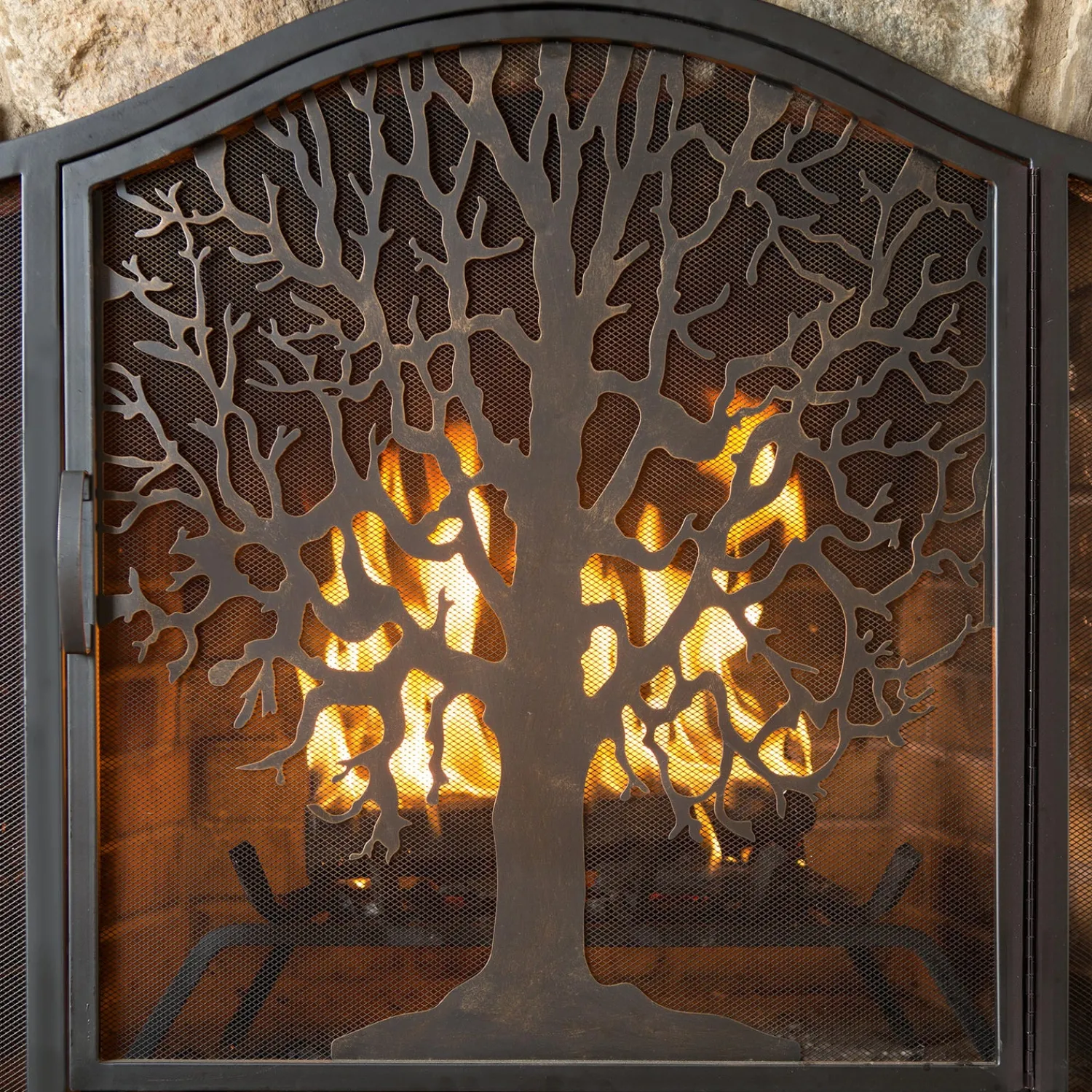 Plow & Hearth Fireplace Screens With Doors>Large Tree of Life Fire Screen with Door Black