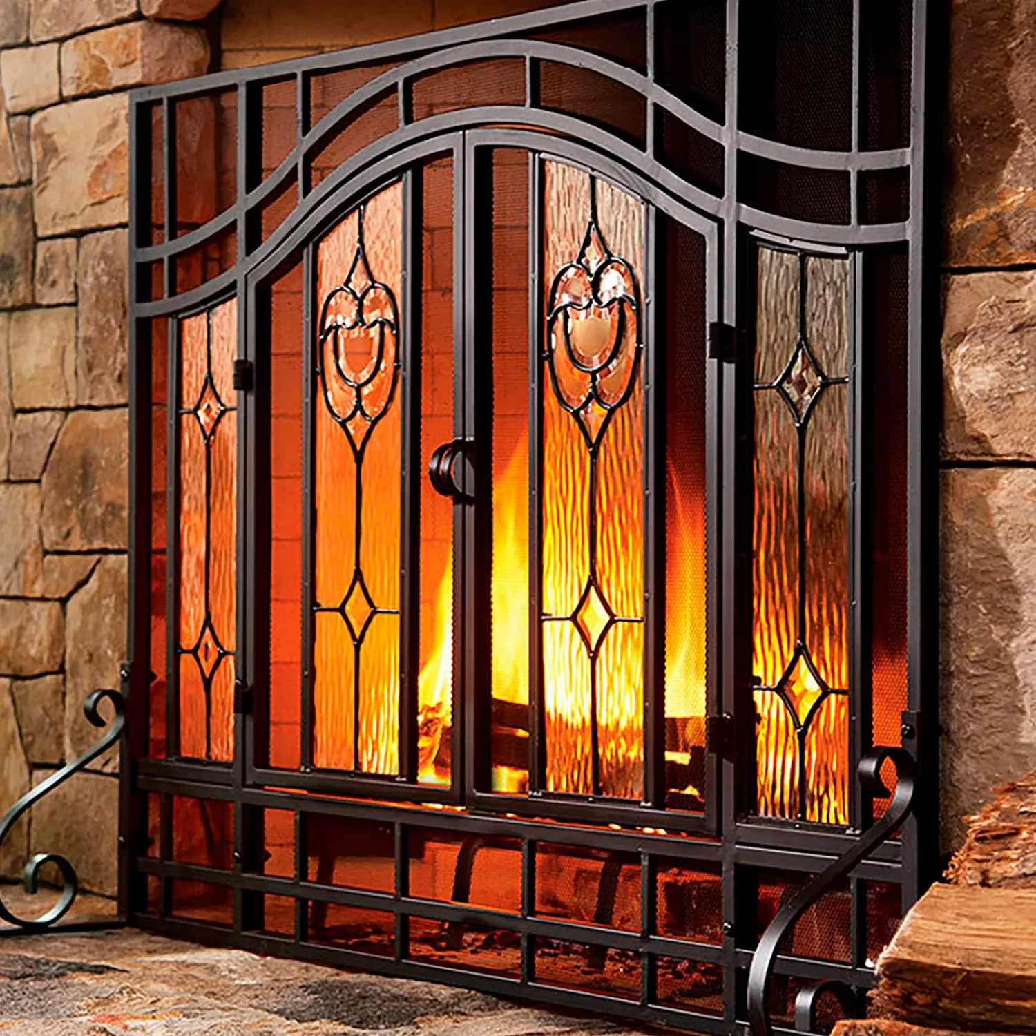 Plow & Hearth Fireplace Screens With Doors>Large Two-Door Fireplace Screen with Glass Floral Panels Black