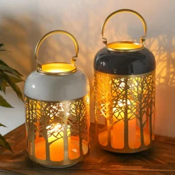 Plow & Hearth Candles & Lanterns>Laser Cut Metal Forest Lanterns with Handle, Set of 2
