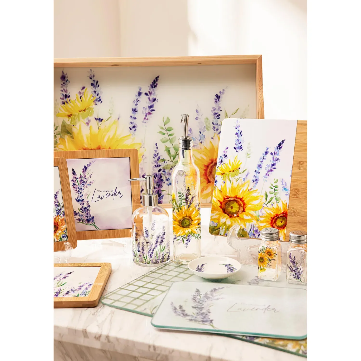 Plow & Hearth Serveware>Lavender Fields Glass Oil Bottle with Ceramic Dip Dishes