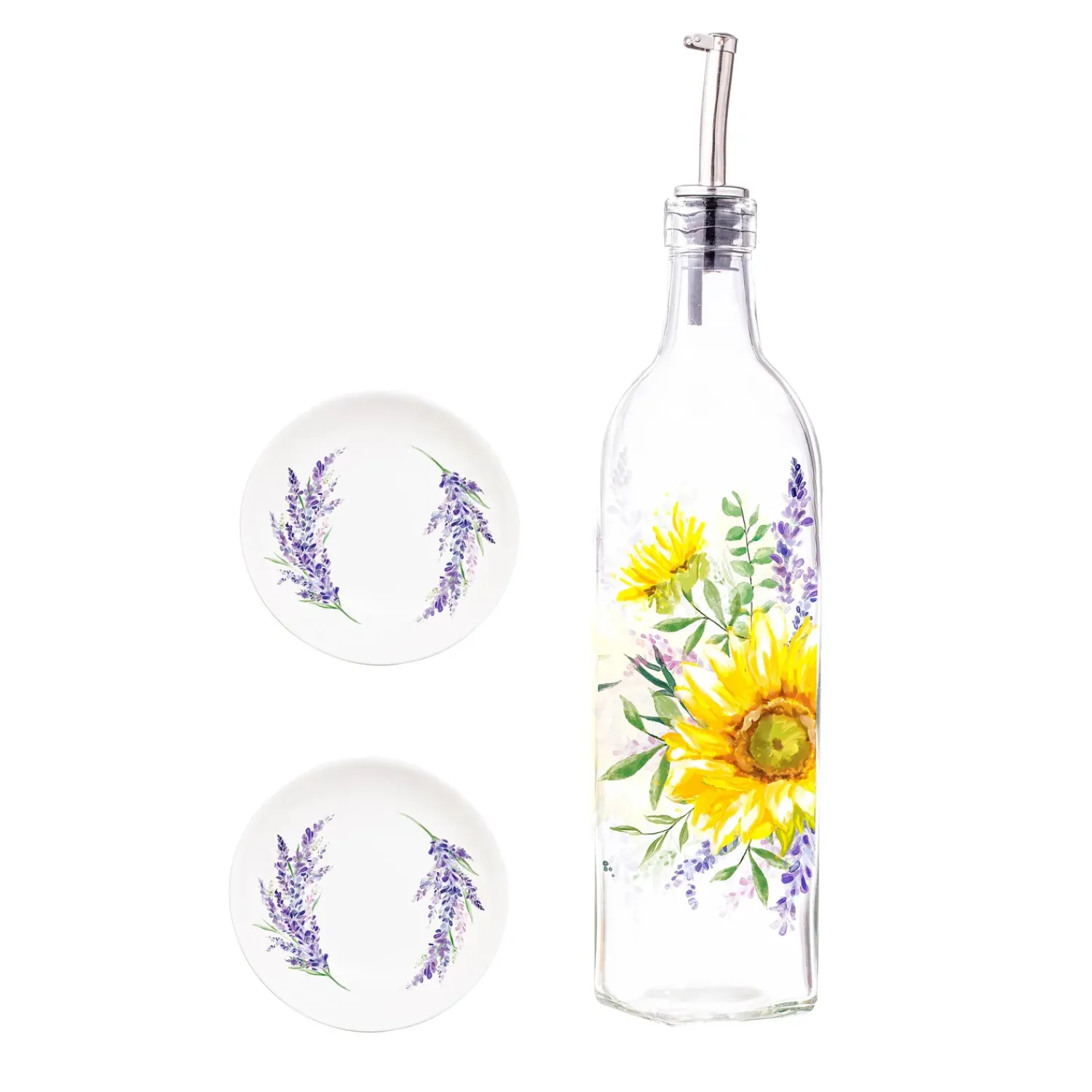 Plow & Hearth Serveware>Lavender Fields Glass Oil Bottle with Ceramic Dip Dishes