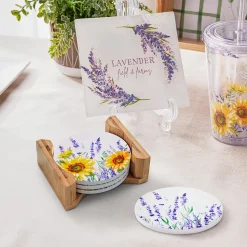 Plow & Hearth Coffee & Tea Cups|Cleaning Supplies>Lavender Fields Round Coasters w/ Caddy, Set of 4, Gift Box