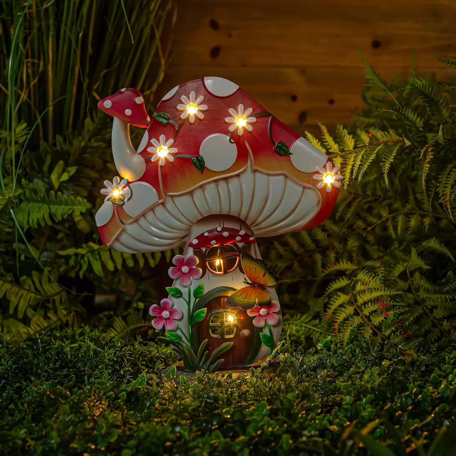 Plow & Hearth Garden Statues>LED Metal Floral Mushroom House Statuary, 16"H