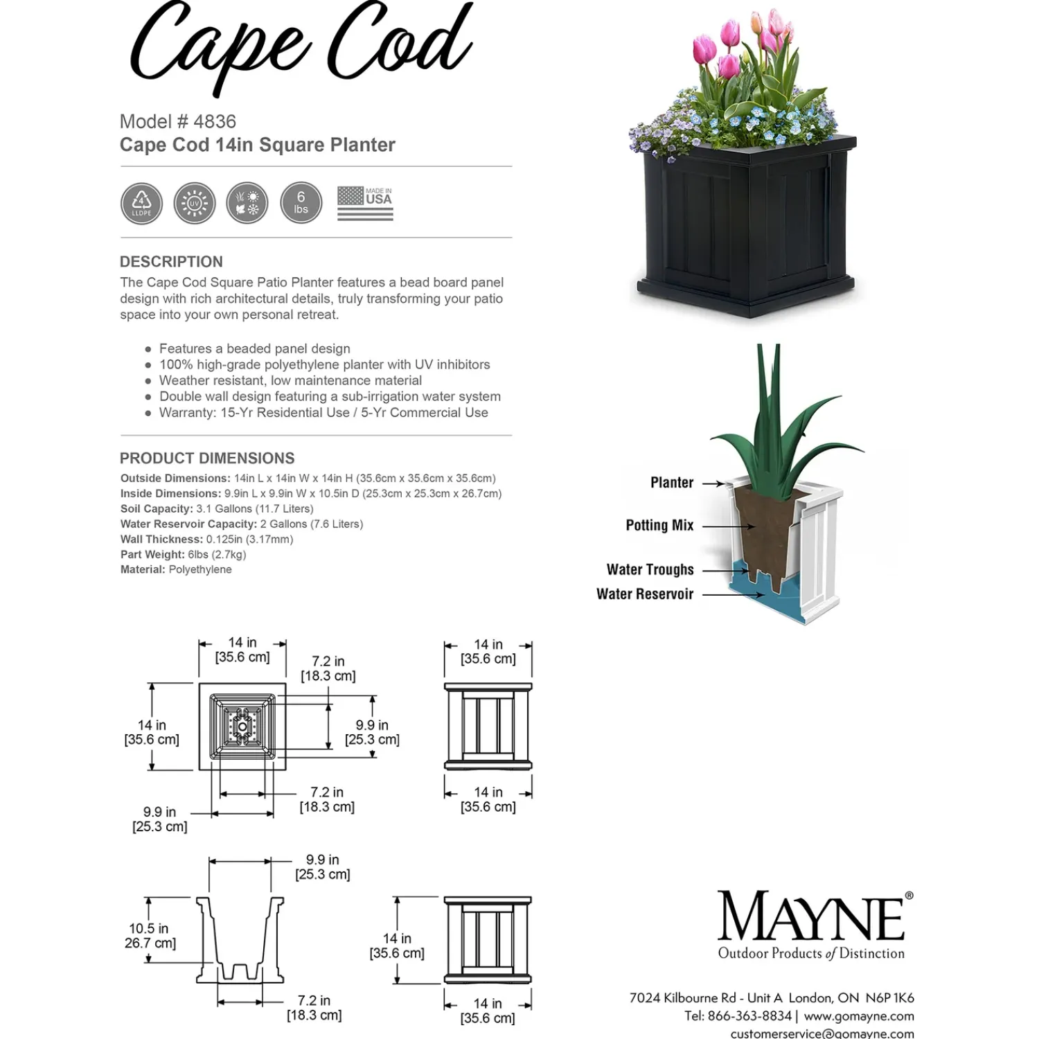 Plow & Hearth Planters & Plant Stands>Lexington Self-Watering Planter, 14" sq.