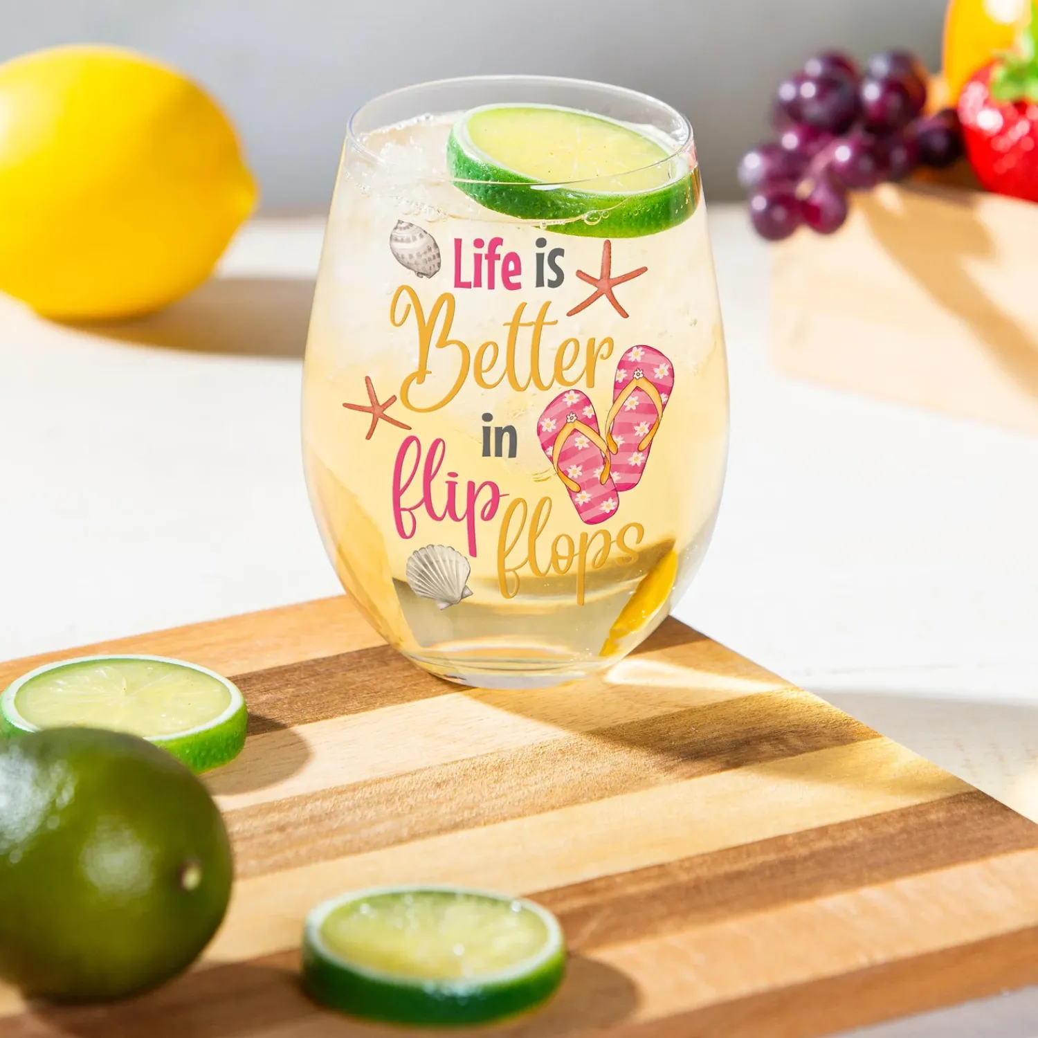 Plow & Hearth Wine Glasses>Life is Better in Flip Flops 17 oz. Stemless Glass with Gift Box