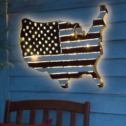 Plow & Hearth Outdoor Wall Art|Wall Art>Lighted American Flag United States Map Wall Art with Timer
