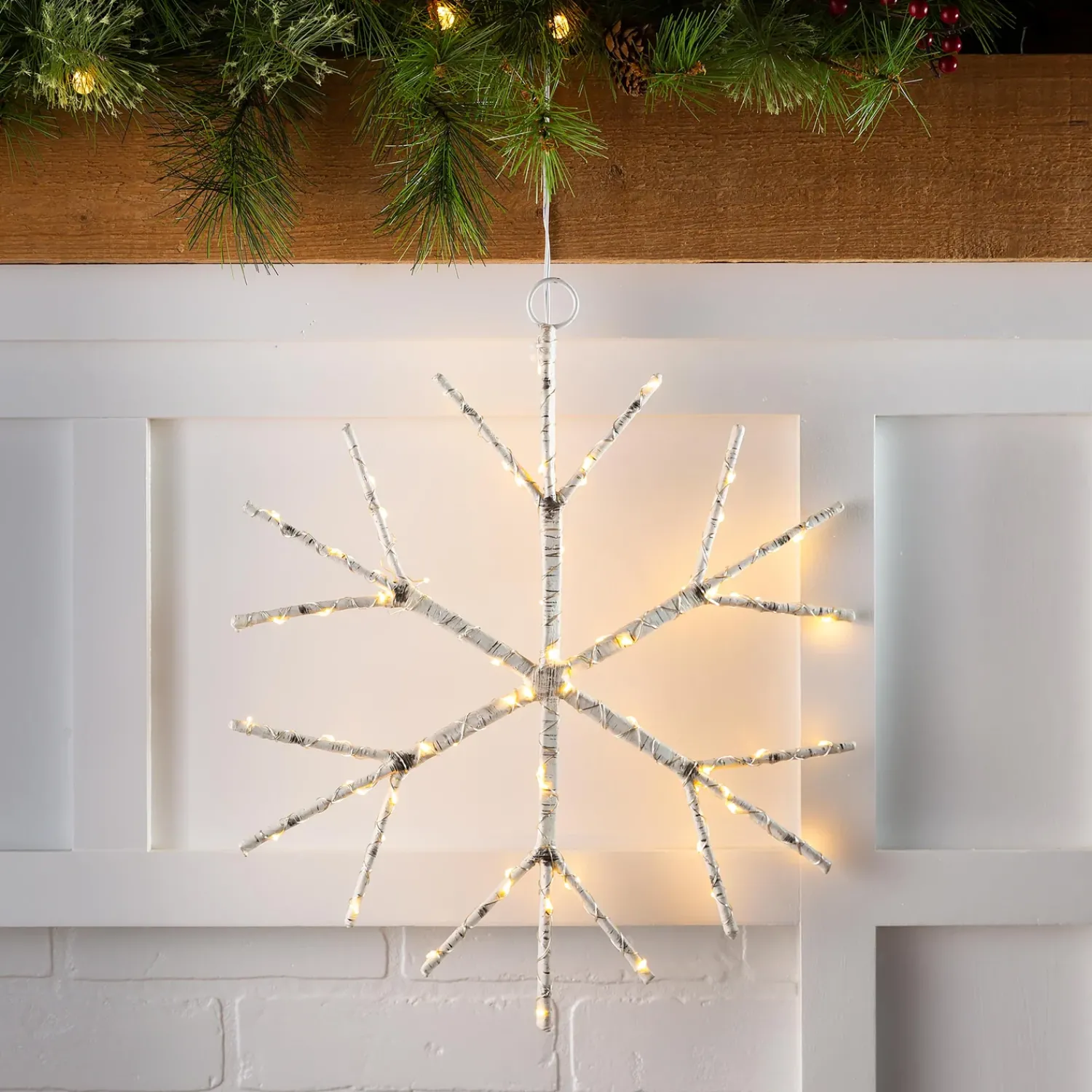 Plow & Hearth Lighted Accents>Lighted Birch Branch Snowflake Hanging Accent White