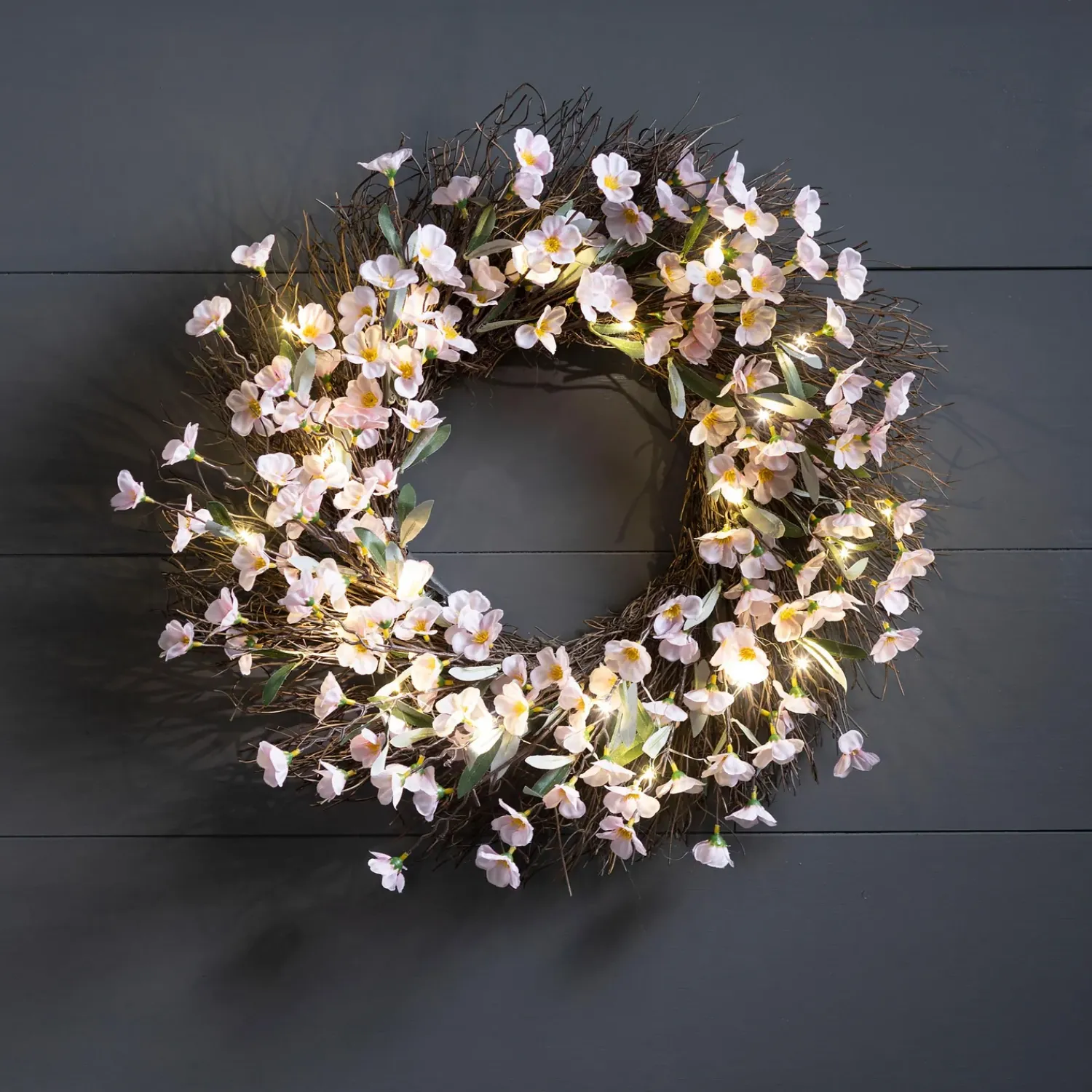 Plow & Hearth Wreaths|Faux Flowers & Plants>Lighted Faux Cherry Blossom Wreath
