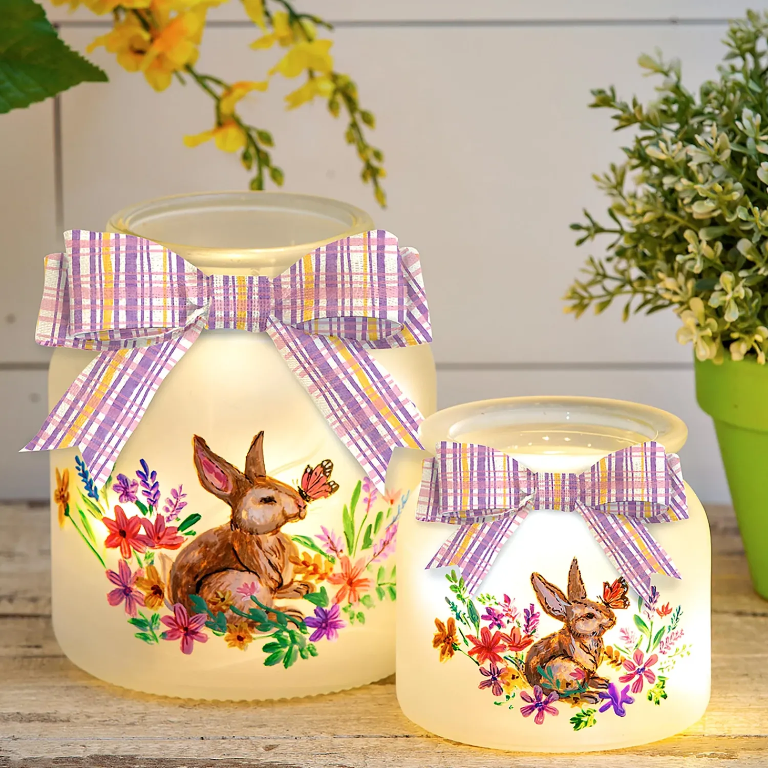 Plow & Hearth Decorative Accents>Lighted Glass Jar with Springtime Bunny Scene, Set of 2