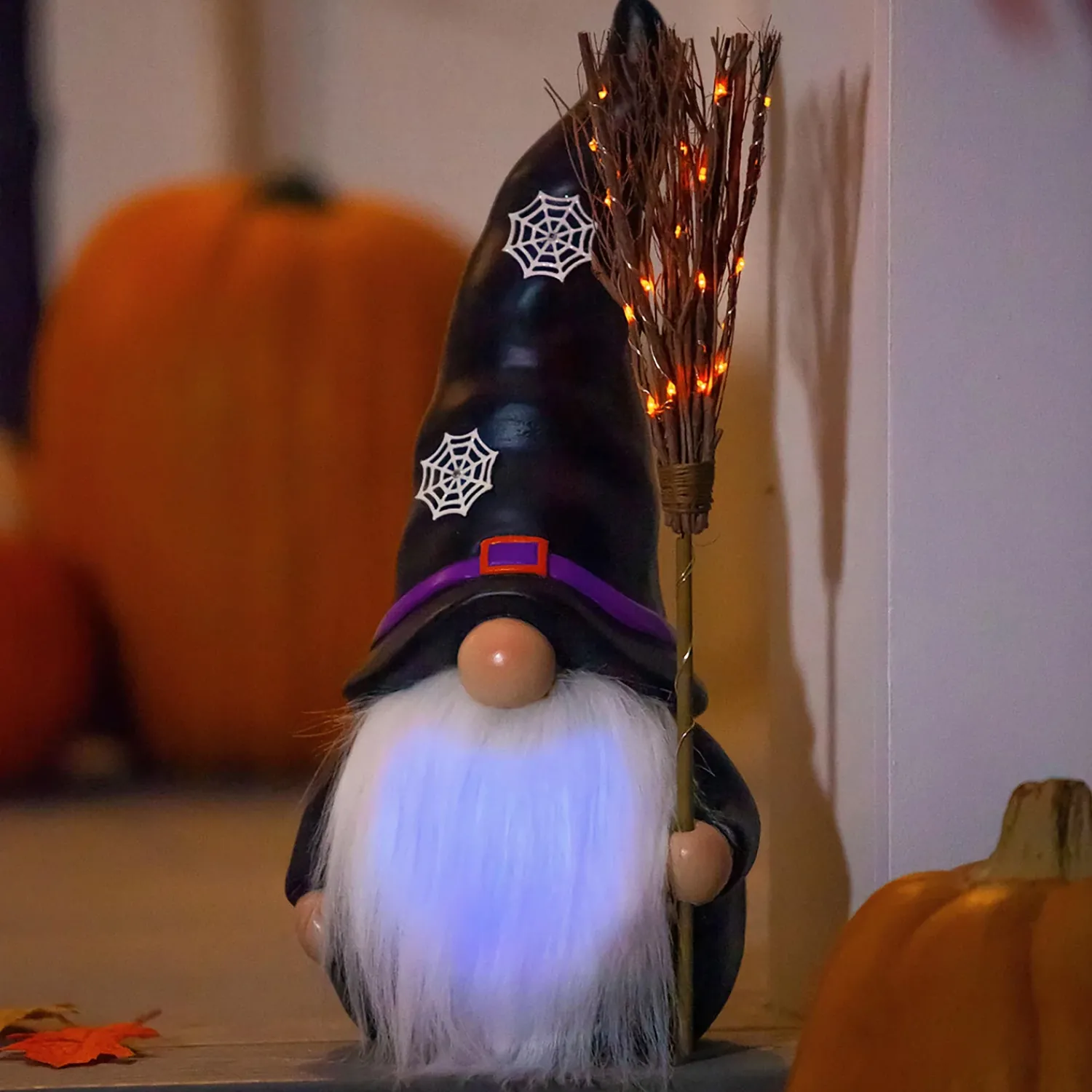 Plow & Hearth Garden Statues|Decorative Accents>Lighted Witch Gnome Statue with Spiderweb Hat Caucasian