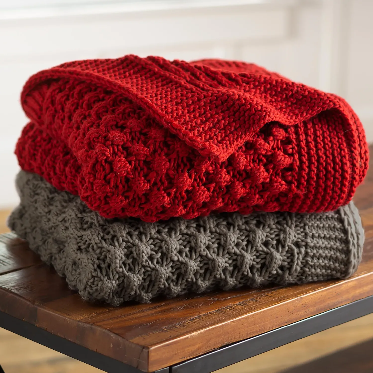 Plow & Hearth Throws & Blankets>Lightweight Knitted Cozy Acrylic Throw Gray