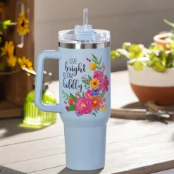 Plow & Hearth Travel Cups>Live Bright Bloom Boldly Canyon Cup, Double Wall Stainless Steel w/ Straw, 40oz, Gift Box