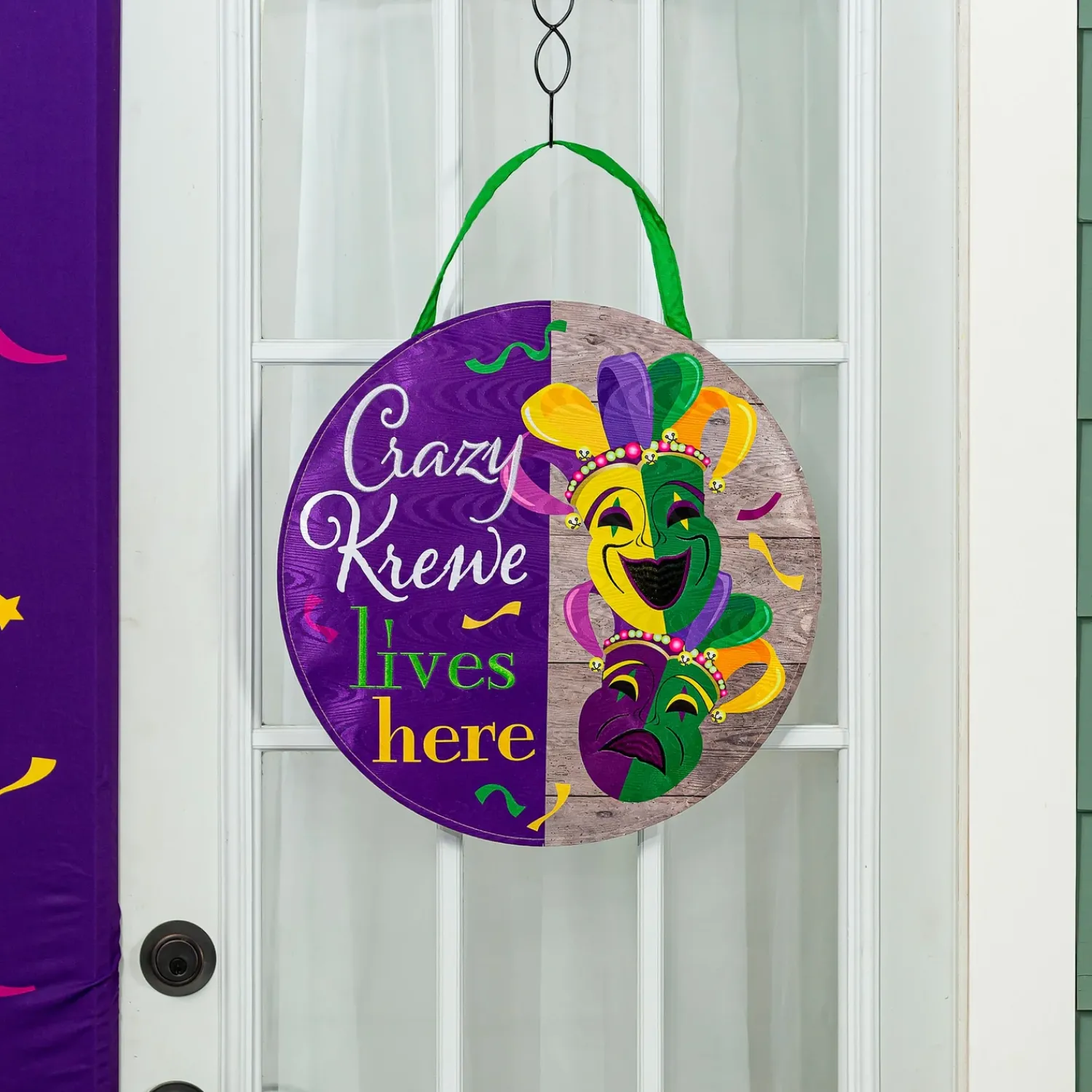 Plow & Hearth Fabric Door Hangers>Mardi Gras Crazy Krewe Lives Here Moire Door Décor