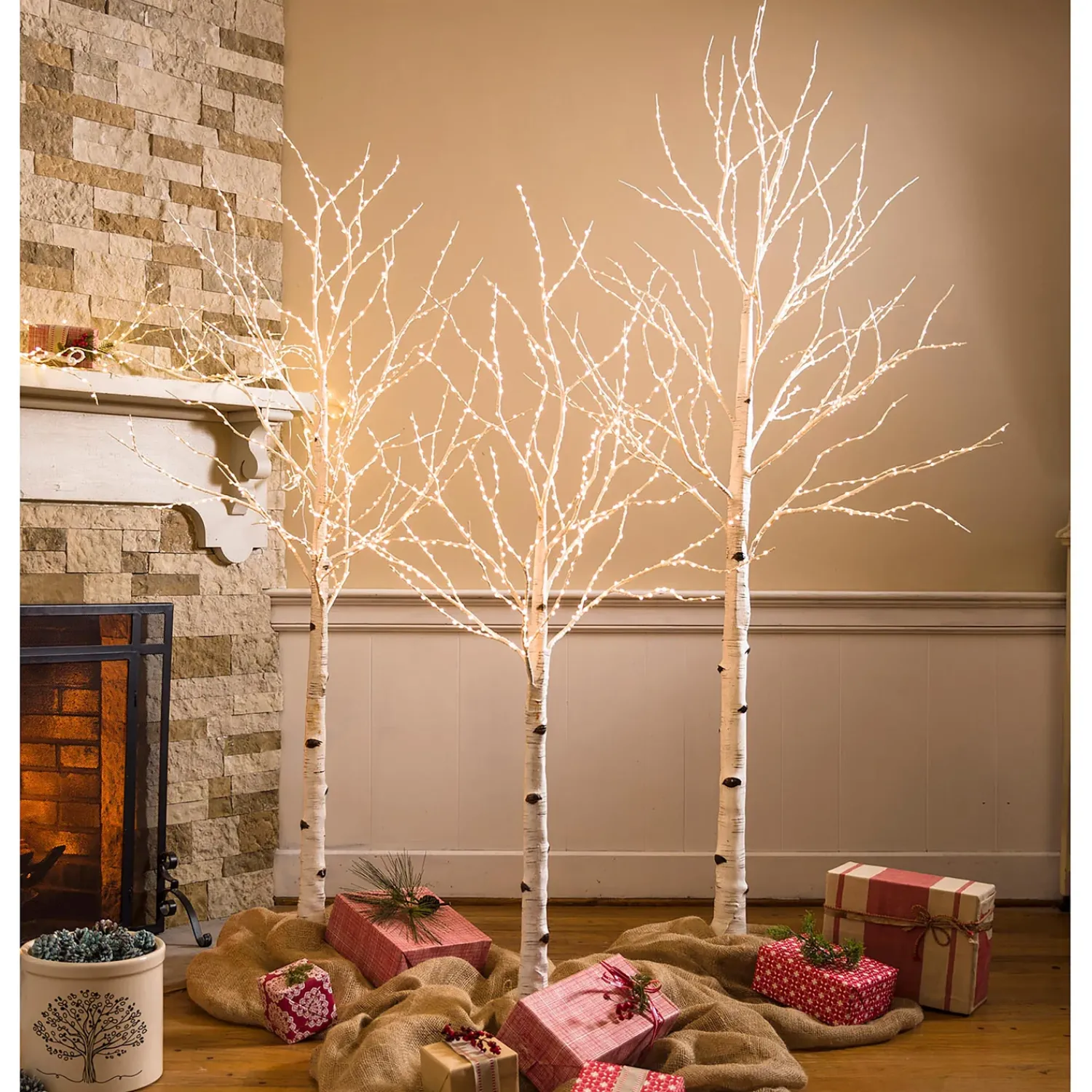 Plow & Hearth Lighted Trees & Garlands>Medium Indoor/Outdoor Birch Tree with 400 Warm Lights White
