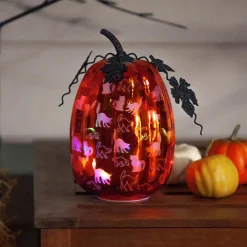 Plow & Hearth Lamps & Lighting>Mercury Glass Lighted Orange Pumpkin with Cats