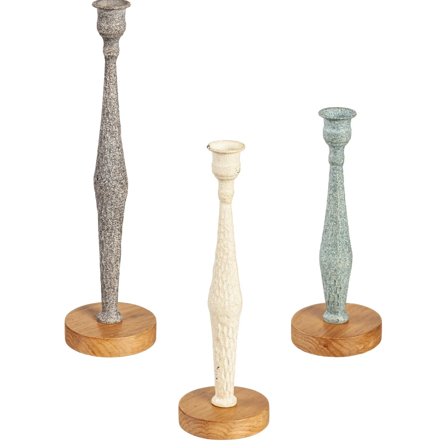Plow & Hearth Decorative Accents|Candles & Lanterns>Metal Candlestick Holder with Wood Base, Set of 3