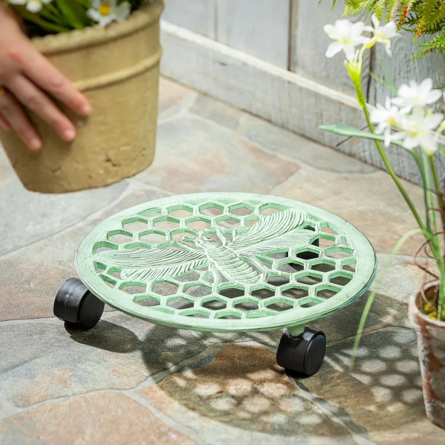 Plow & Hearth Faux Flowers & Plants>Metal Plant Caddy, Green Bee