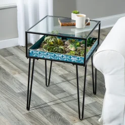Plow & Hearth Accent Tables|Outdoor Side Tables>Metal Table with Glass Top and Teal Metal Planter Dish