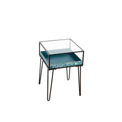 Plow & Hearth Accent Tables|Outdoor Side Tables>Metal Table with Glass Top and Teal Metal Planter Dish
