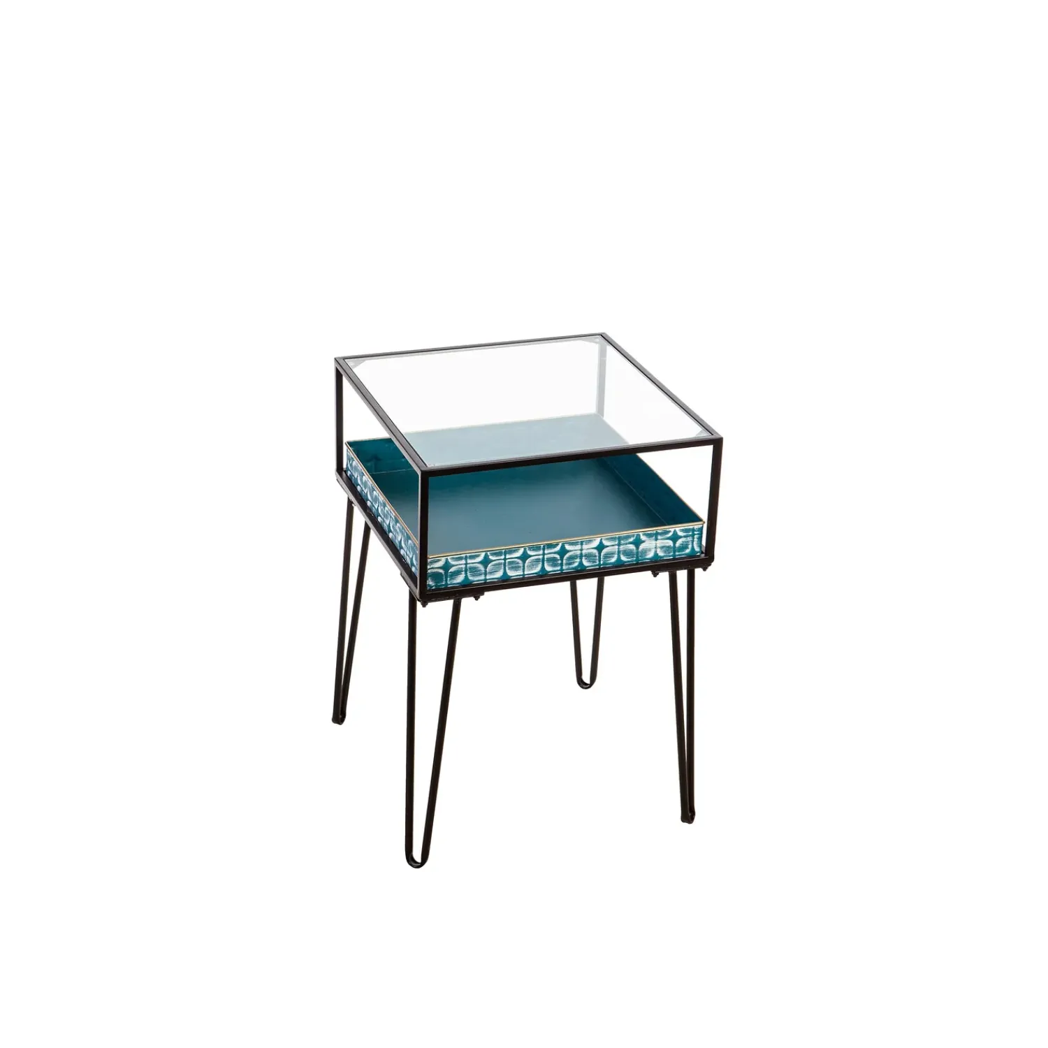 Plow & Hearth Accent Tables|Outdoor Side Tables>Metal Table with Glass Top and Teal Metal Planter Dish